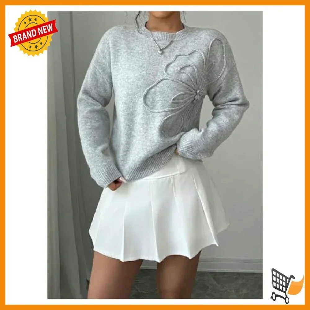 3D Floral Applique Knit Sweater Long Sleeve Drop Shoulder Pullover - Picture 4 of 6
